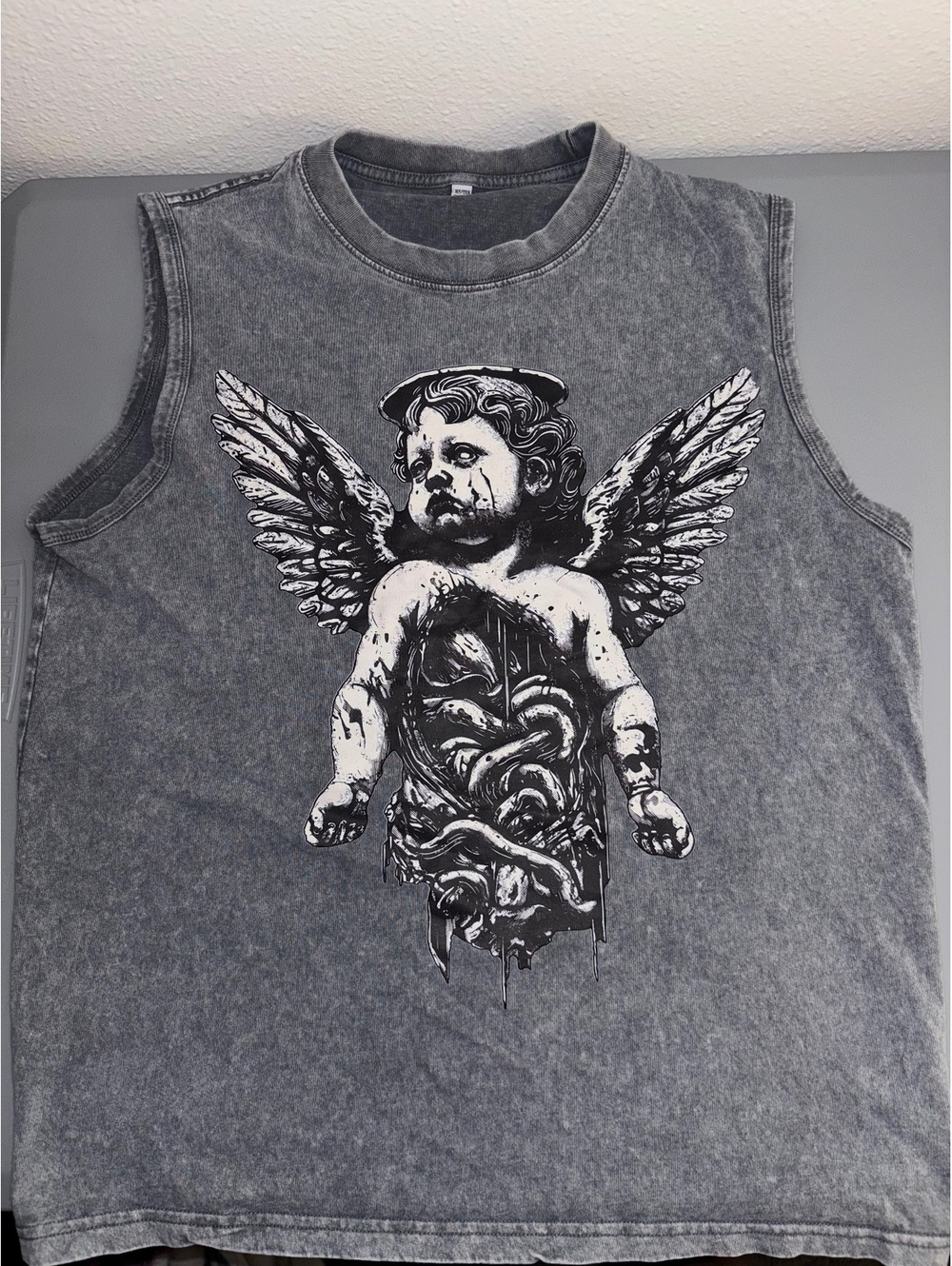Gray Acid Wash Distressed Cherub Angel Graphic Sleeveless Tank Top Size S